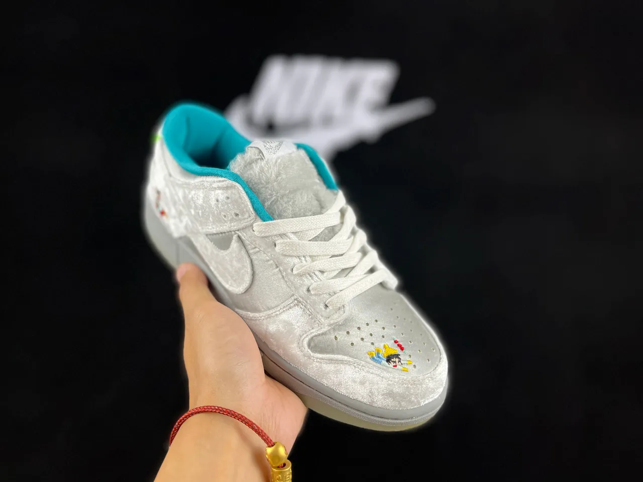 Nike SB Dunk Low Silver Satin Embroidered Character Skateboard Shoes 2