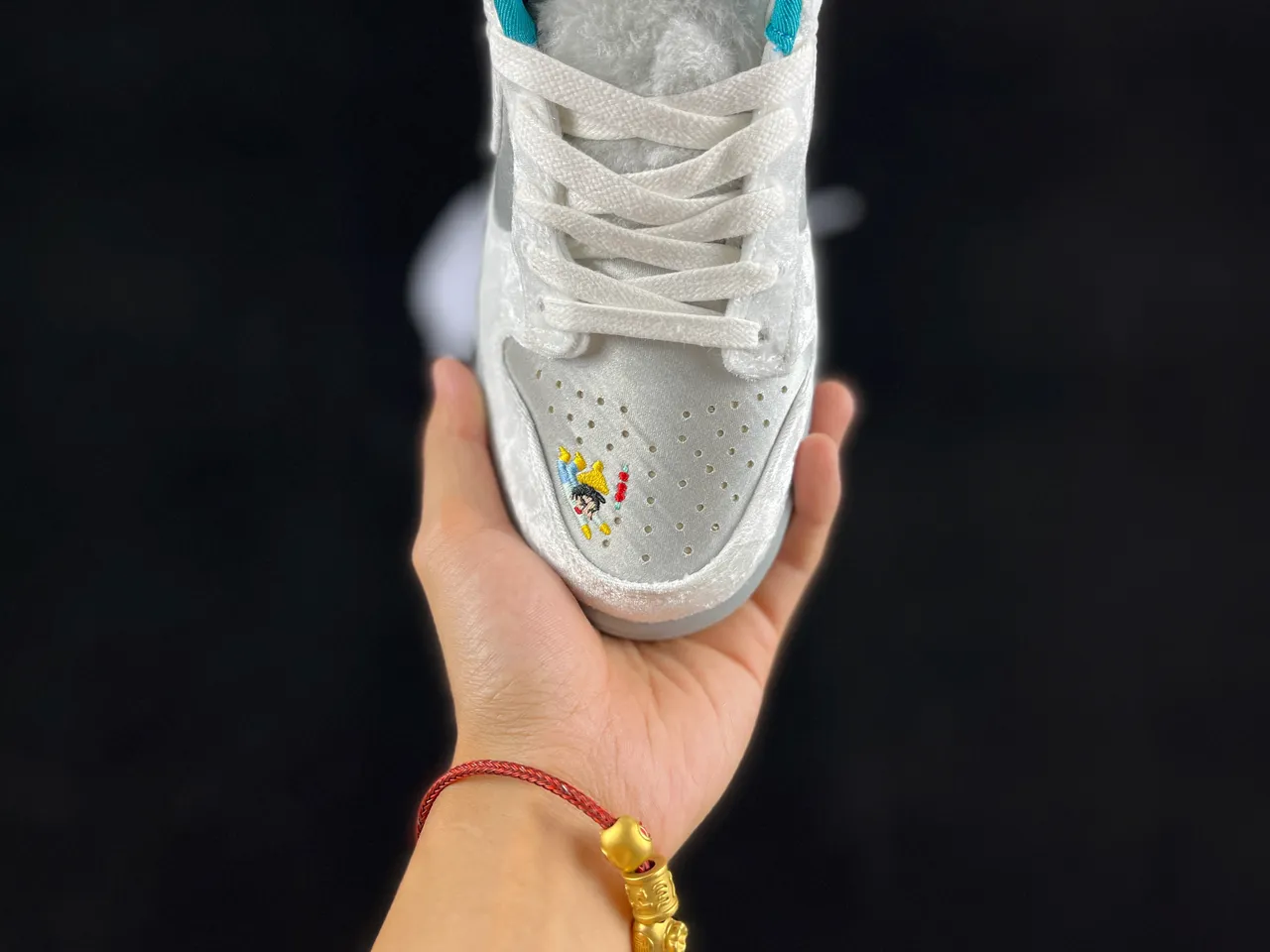 Nike SB Dunk Low Silver Satin Embroidered Character Skateboard Shoes 3