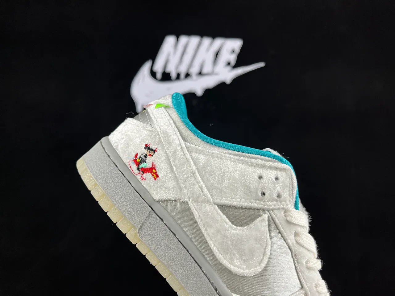 Nike SB Dunk Low Silver Satin Embroidered Character Skateboard Shoes 6