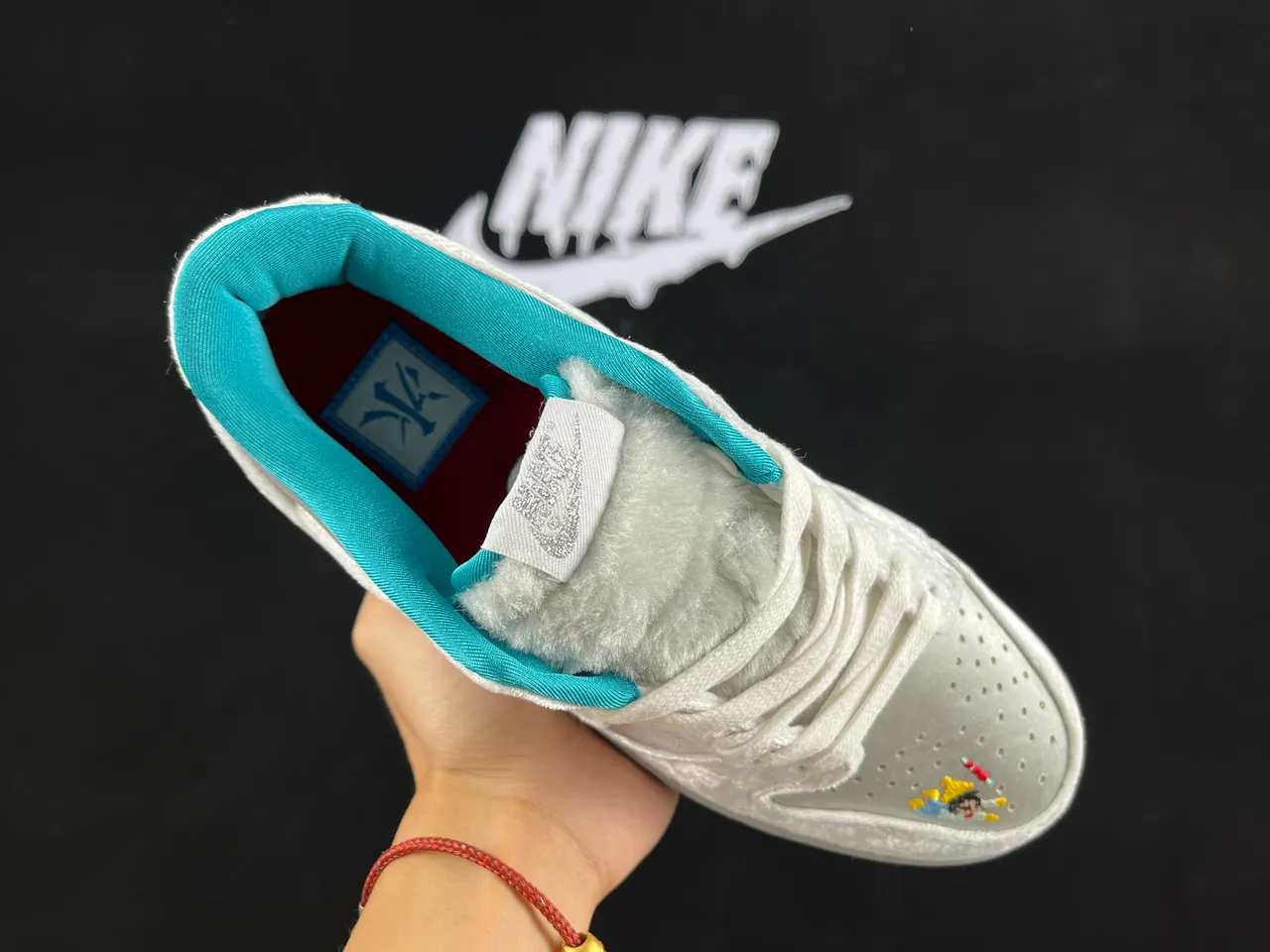 Nike SB Dunk Low Silver Satin Embroidered Character Skateboard Shoes 7