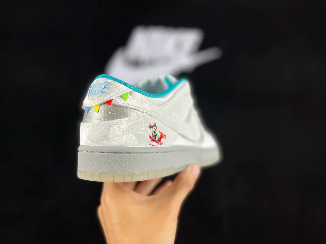 Nike SB Dunk Low Silver Satin Embroidered Character Skateboard Shoes 9