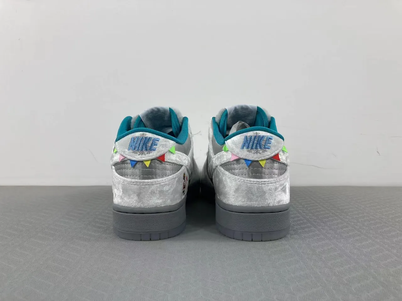 Nike SB Dunk Low Silver Satin Embroidered Character Skateboard Shoes 10
