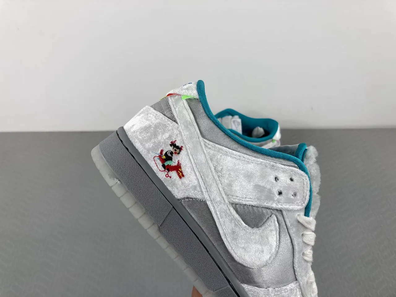 Nike SB Dunk Low Silver Satin Embroidered Character Skateboard Shoes 13