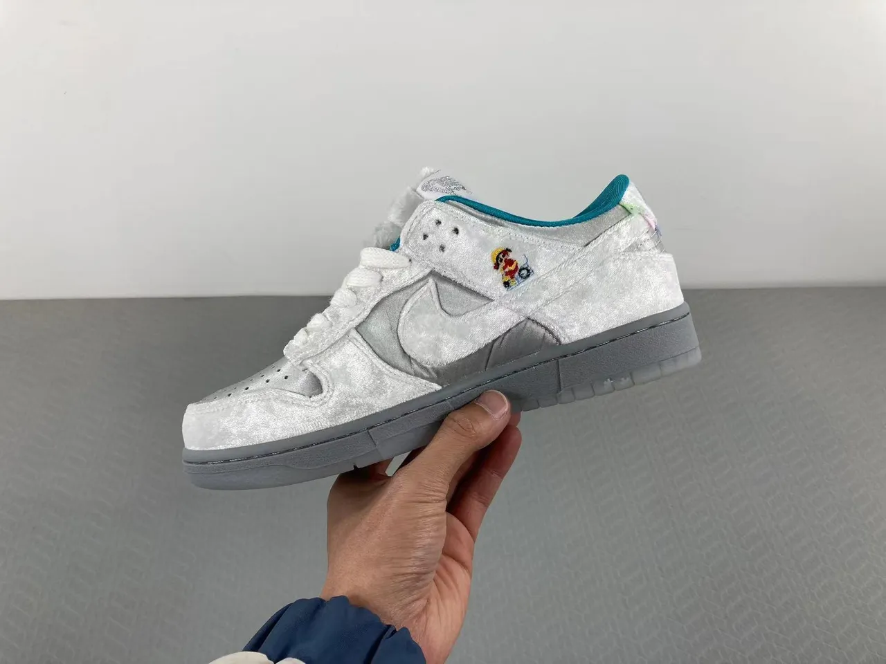 Nike SB Dunk Low Silver Satin Embroidered Character Skateboard Shoes 15