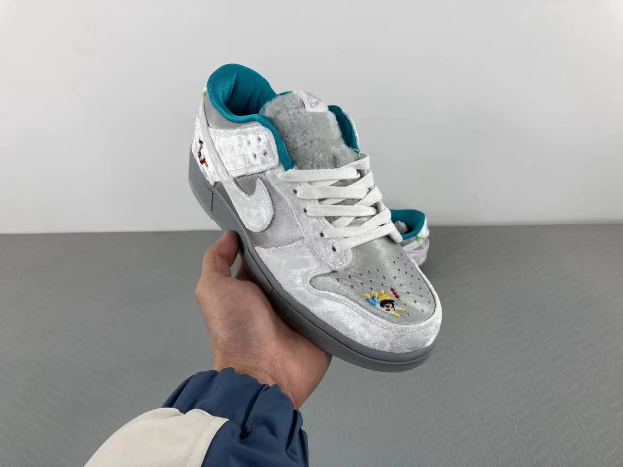 Nike SB Dunk Low Silver Satin Embroidered Character Skateboard Shoes 17