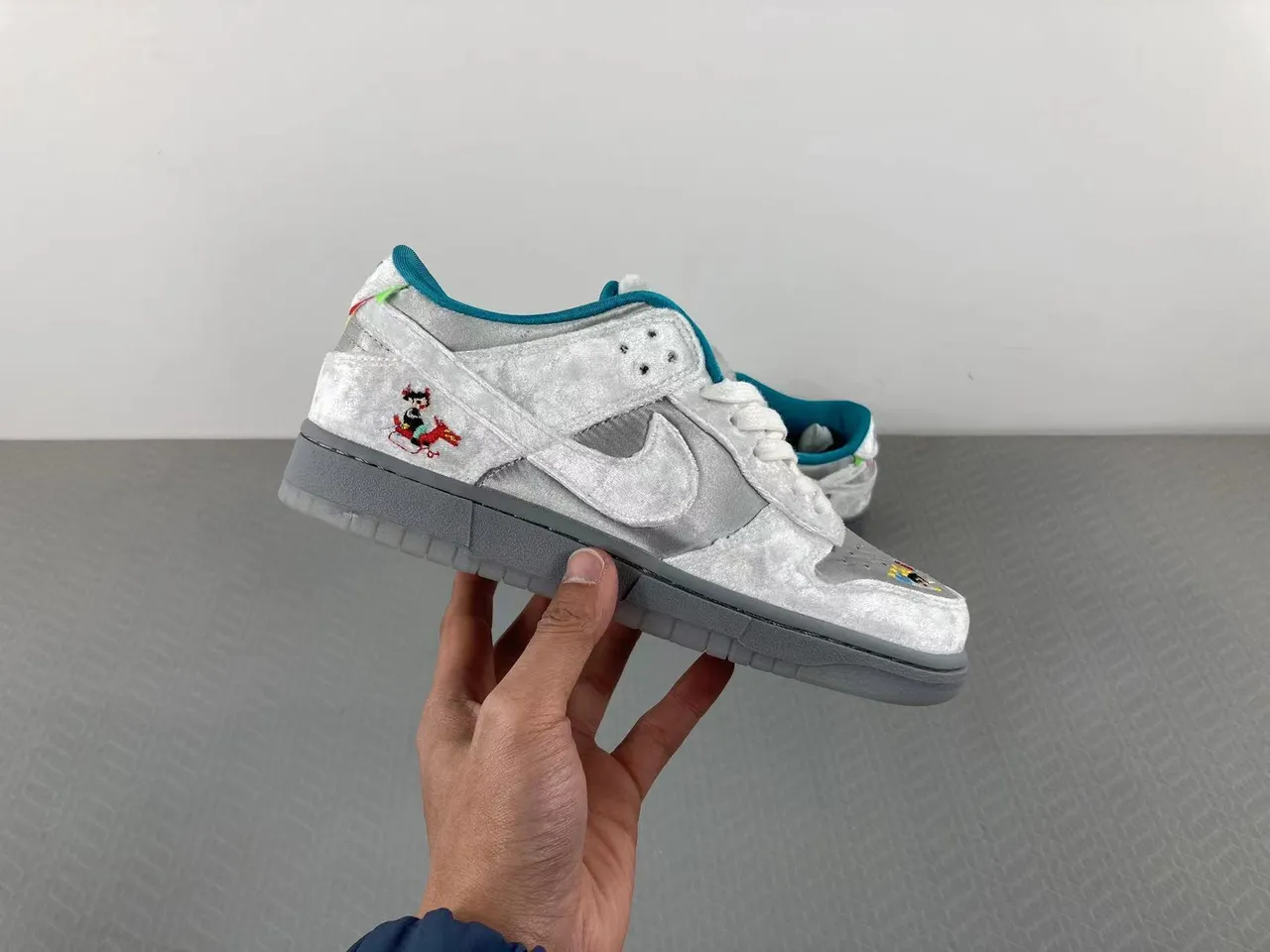 Nike SB Dunk Low Silver Satin Embroidered Character Skateboard Shoes 18