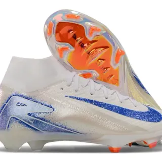 Nike White Blue High-Cut Sock-Fit Upper Iridescent Graphic Overlay Firm-Ground Soccer Shoes