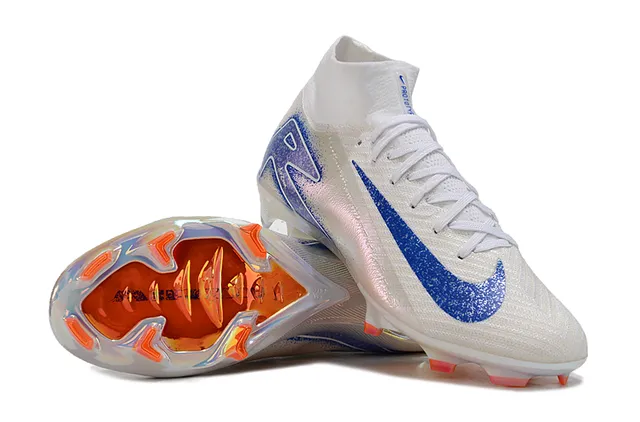 Nike White Blue High-Cut Sock-Fit Upper Iridescent Graphic Overlay Firm-Ground Soccer Shoes 2