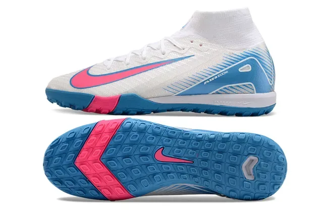 Nike Blanc Bleu Haut Col Synthétique Texturé Supérieur Chaussures de Football Indoor 5