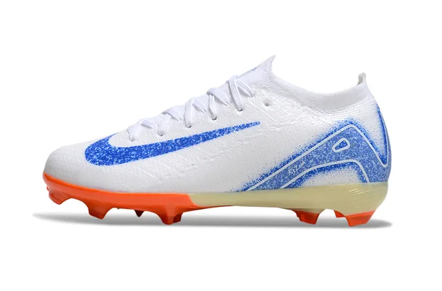 Nike White Blue Knit Upper Dynamic Fit Collar Firm-Ground Soccer Shoes 6