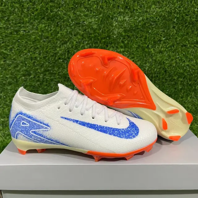 Nike White Blue Knit Upper Dynamic Fit Collar Firm-Ground Soccer Shoes 10