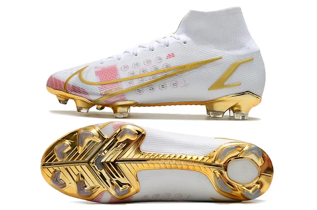 Nike Blanc Or Coupe Haute Tige Chaussette Ajustée Accents Métalliques Terrain Ferme Chaussures de Football 2