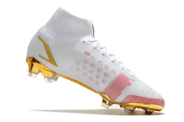Nike Blanc Or Coupe Haute Tige Chaussette Ajustée Accents Métalliques Terrain Ferme Chaussures de Football 3
