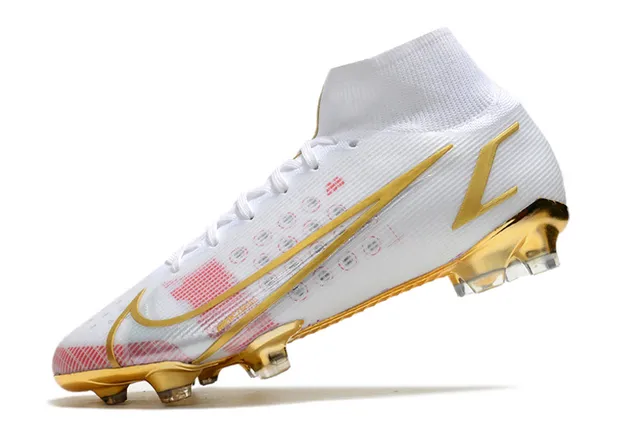 Nike Blanc Or Coupe Haute Tige Chaussette Ajustée Accents Métalliques Terrain Ferme Chaussures de Football 4