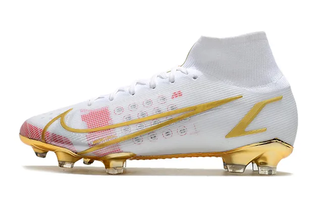 Nike Blanc Or Coupe Haute Tige Chaussette Ajustée Accents Métalliques Terrain Ferme Chaussures de Football 5