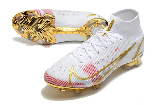 Nike Blanc Or Coupe Haute Tige Chaussette Ajustée Accents Métalliques Terrain Ferme Chaussures de Football 6