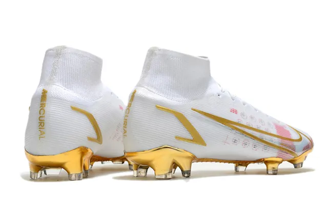 Nike Blanc Or Coupe Haute Tige Chaussette Ajustée Accents Métalliques Terrain Ferme Chaussures de Football 7