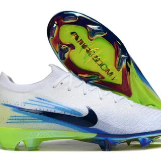Nike White Green Low-Cut Knit Bootie Iridescent Sole Plate Firm-Ground Soccer Shoes