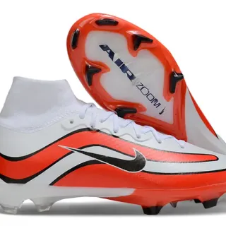 Nike White Orange High-Cut Sock-Fit Collar Wave-Patterned Synthetic Overlay Firm-Ground Soccer Shoes
