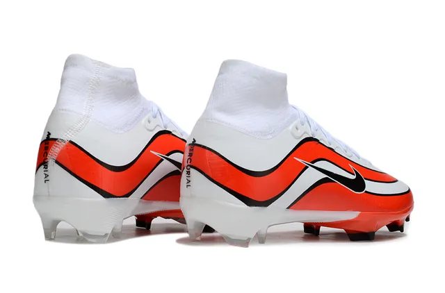 Nike Sapatos de futebol Branco Laranja Alto-Corte Colar de Meia Padrão de Onda Recobrimento Sintético Solo Firme 6