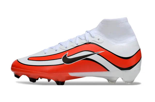 Nike Sapatos de futebol Branco Laranja Alto-Corte Colar de Meia Padrão de Onda Recobrimento Sintético Solo Firme 7