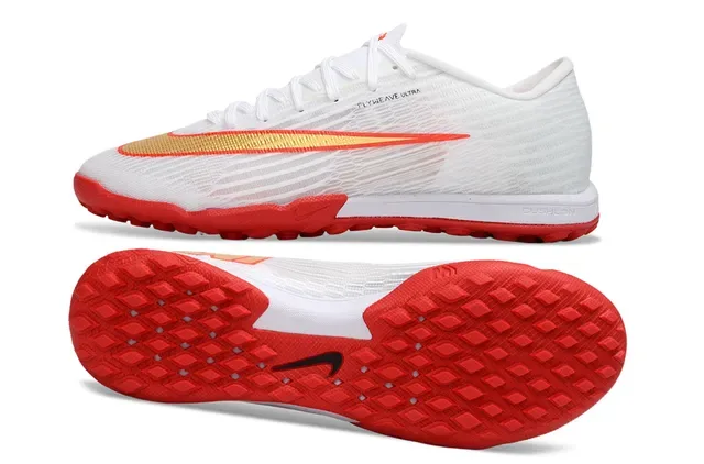 Nike sapatos de futebol turf branco e vermelho Flyweave Knit upper gradient Swoosh overlay 6