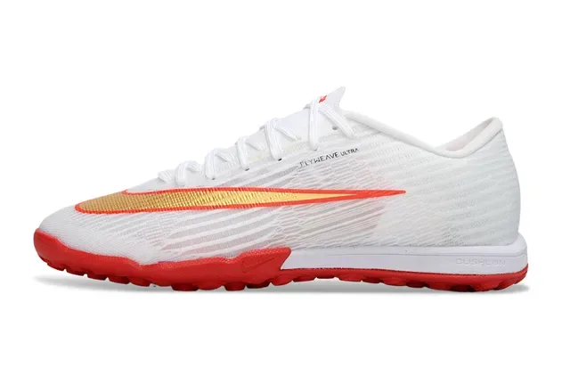 Nike sapatos de futebol turf branco e vermelho Flyweave Knit upper gradient Swoosh overlay 7