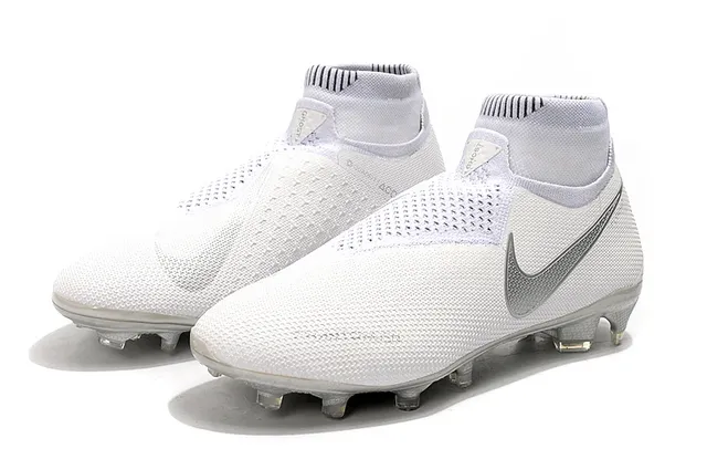 Nike Branco Prata Alto-Corte Colar de Meia Tricô Engenharia Superior Superfície Firme Sapatos de Futebol 6