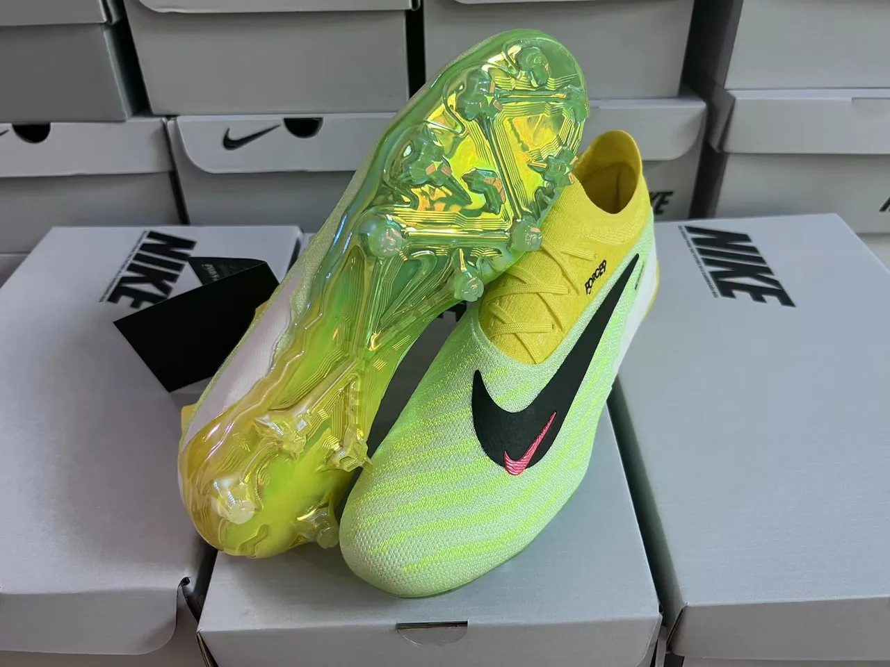 Nike Yellow Green Knit Upper Asymmetrical Lacing Firm-Ground Soccer Shoes 12