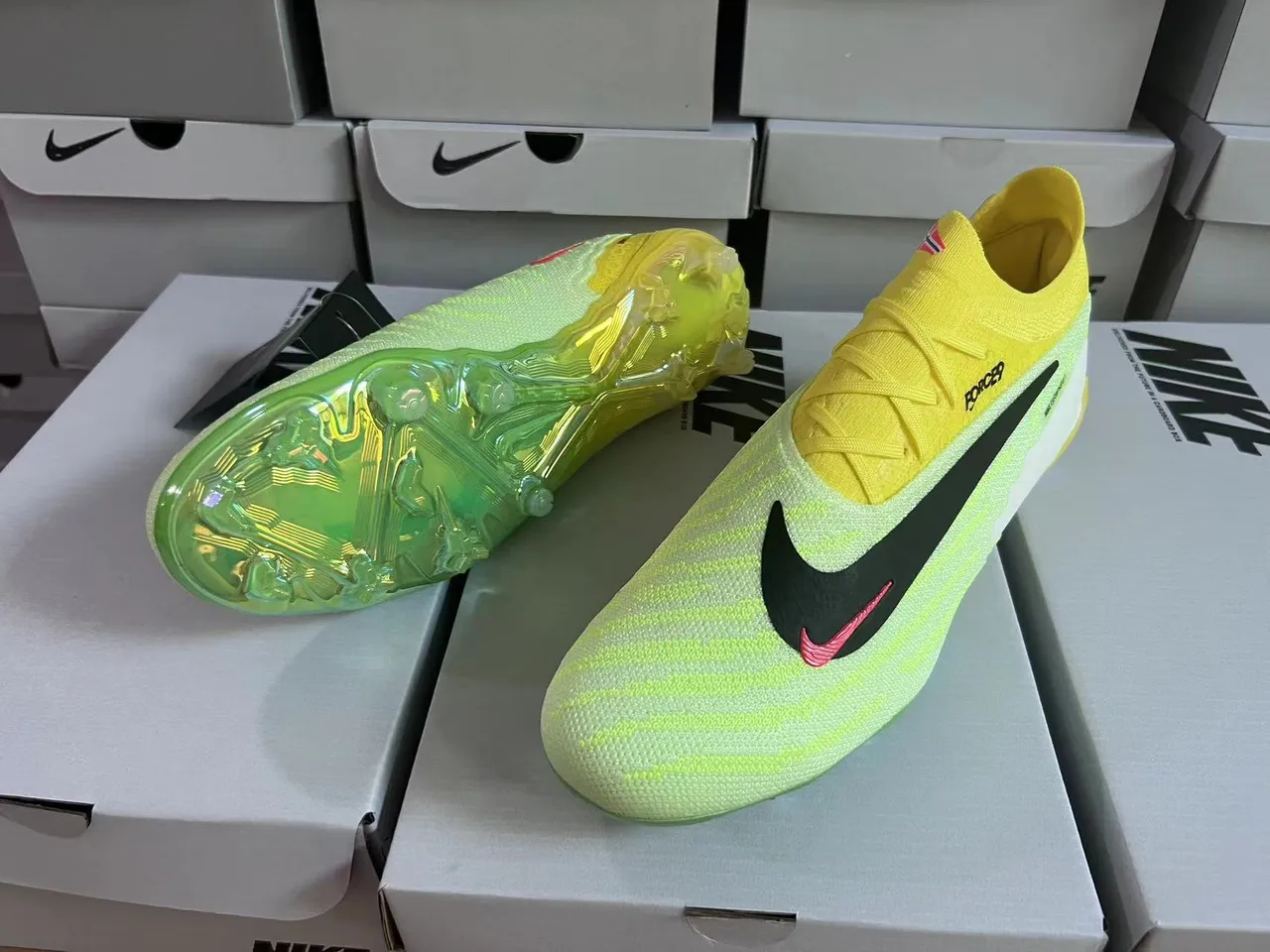 Nike Yellow Green Knit Upper Asymmetrical Lacing Firm-Ground Soccer Shoes 13