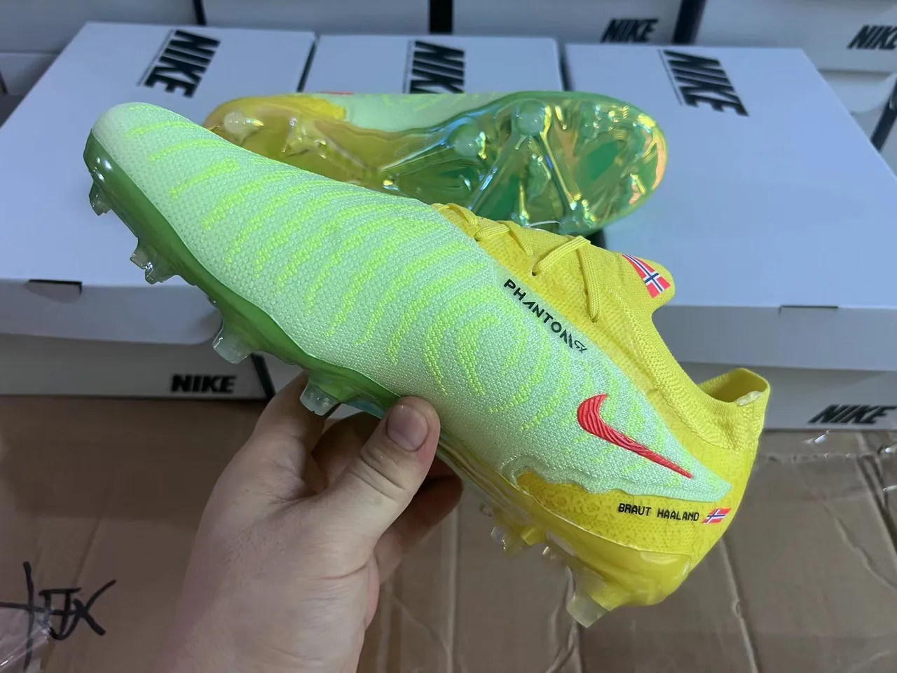 Nike Yellow Green Knit Upper Asymmetrical Lacing Firm-Ground Soccer Shoes 16