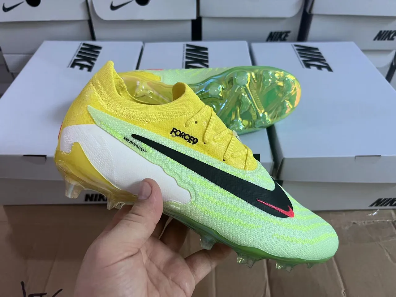 Nike Yellow Green Knit Upper Asymmetrical Lacing Firm-Ground Soccer Shoes 17
