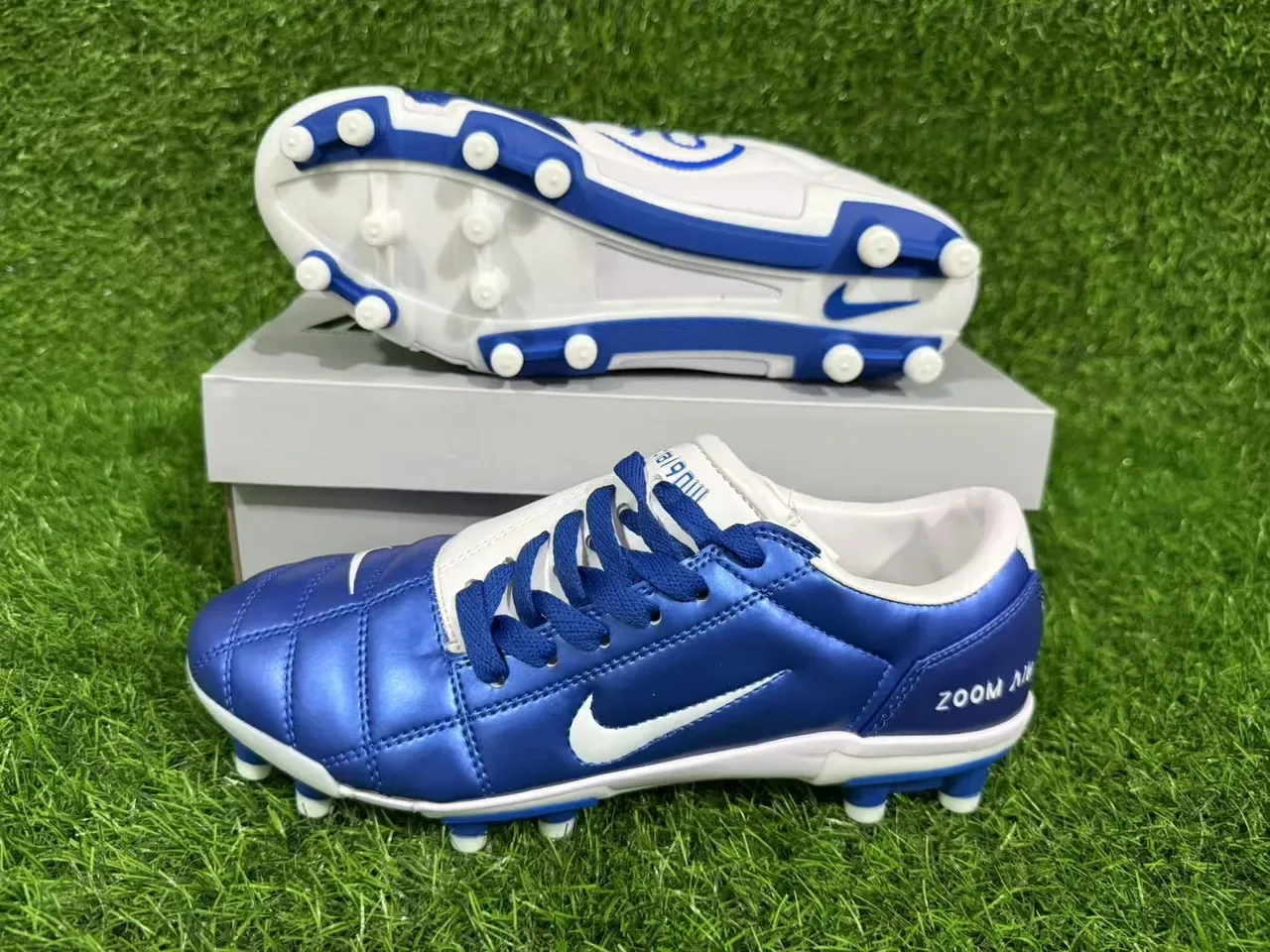 Nike Zoom Air Blue White Metallic Quilted Upper Swoosh Firm-Ground Soccer Shoes 7