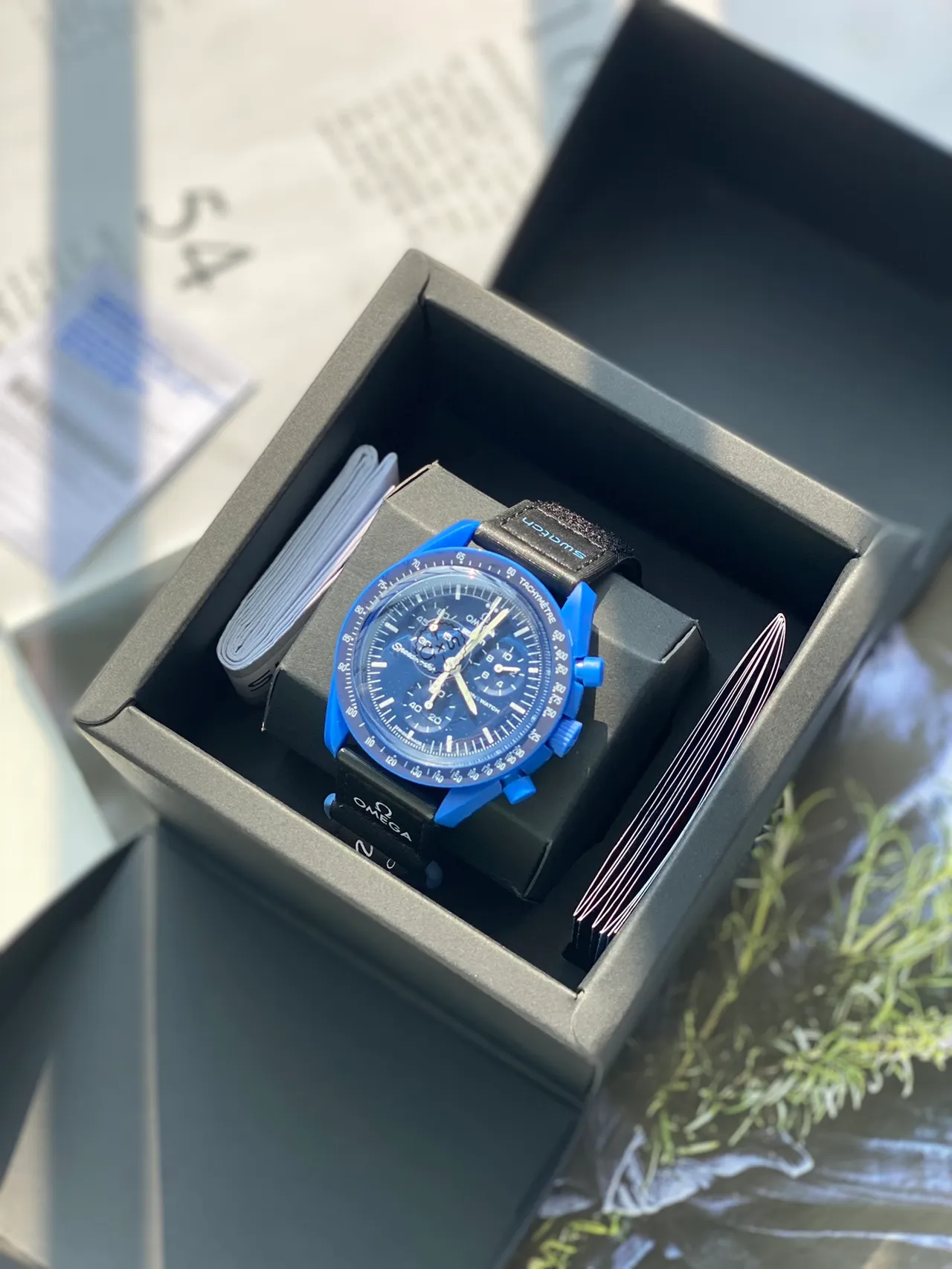 Omega Blue Black PVD-Coated Case Fabric NATO-Style Strap Mechanical Watch 8