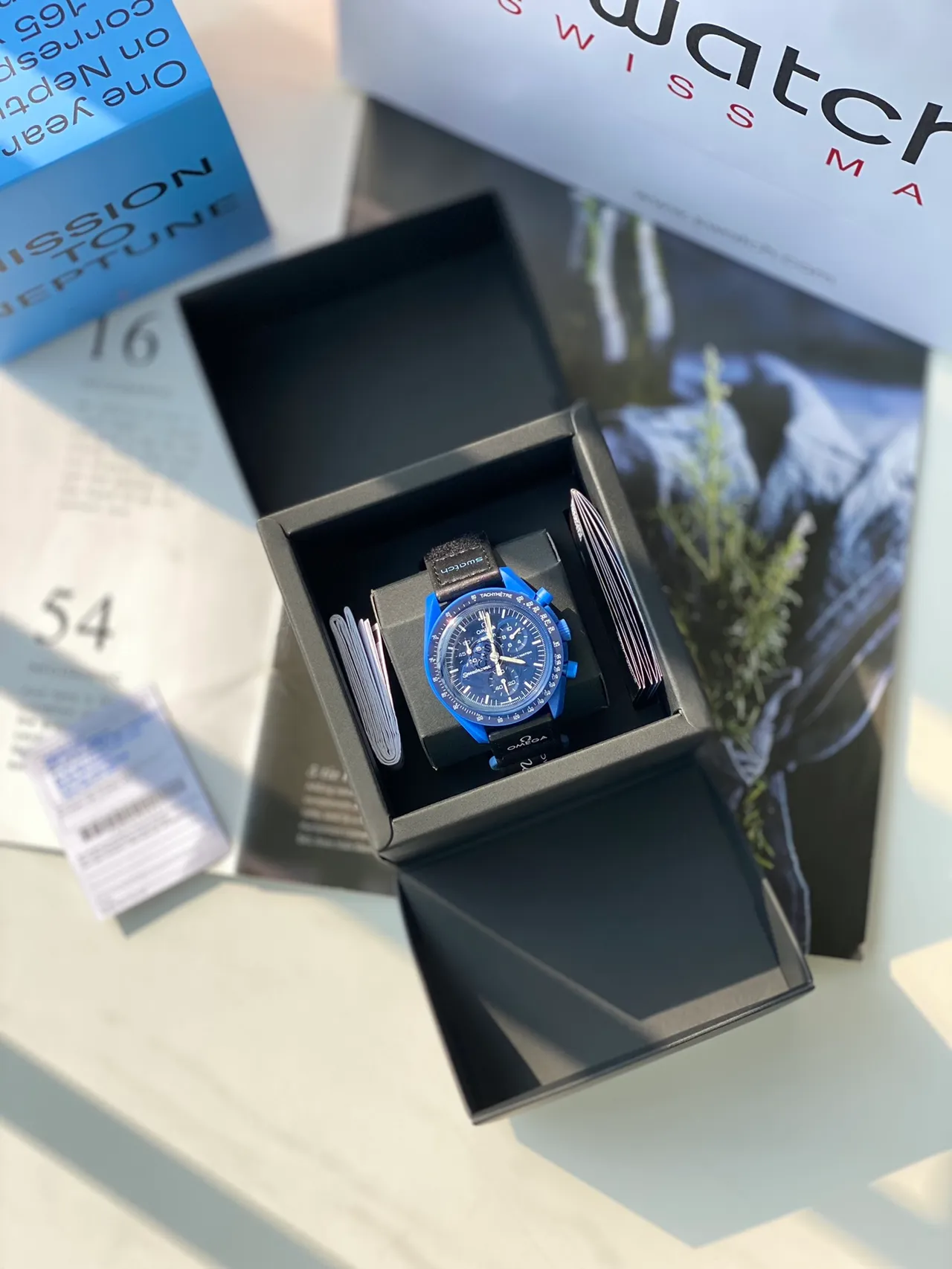 Omega Blue Black PVD-Coated Case Fabric NATO-Style Strap Mechanical Watch 9