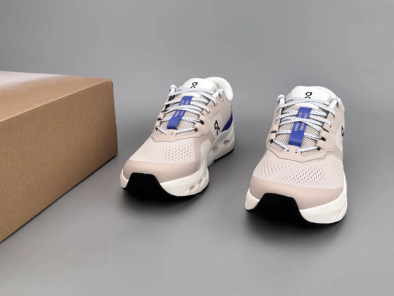 On Beige Blue Breathable Engineered Mesh Upper Open Hexagonal CloudTec Midsole Pods Running Shoes 3