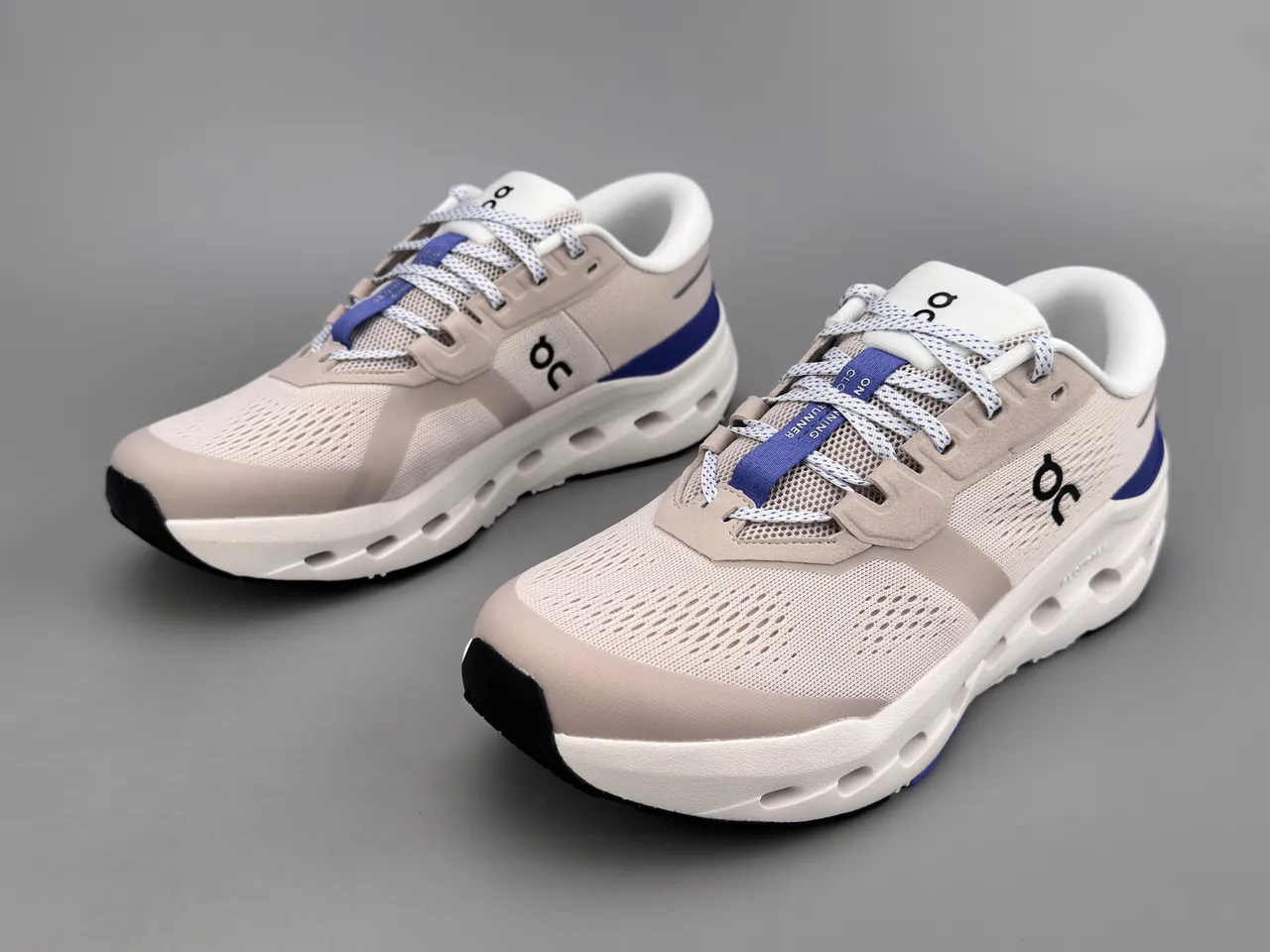 On Beige Blue Breathable Engineered Mesh Upper Open Hexagonal CloudTec Midsole Pods Running Shoes 6