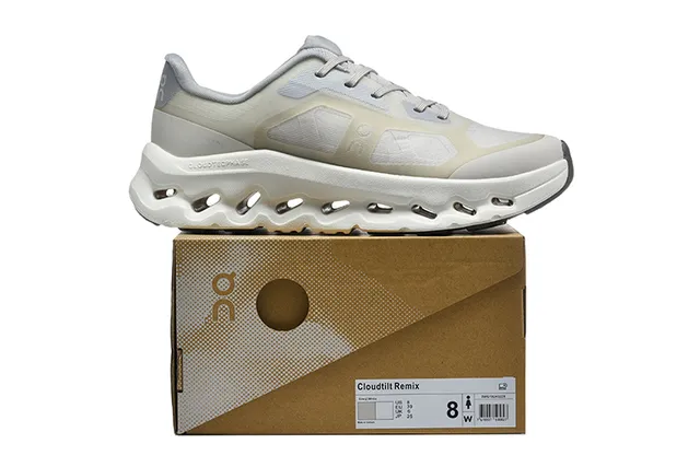On Beige Gray Engineered Mesh Upper Open Hexagonal CloudTec Pods Running Shoes 2