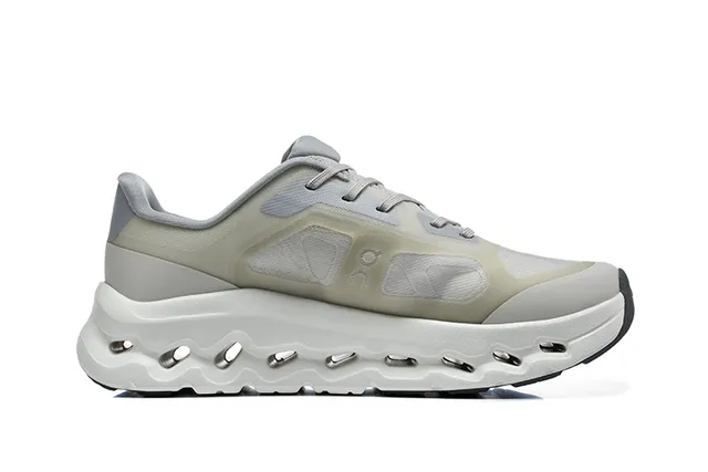 On Beige Gray Engineered Mesh Upper Open Hexagonal CloudTec Pods Running Shoes 4
