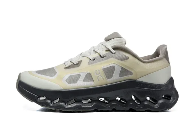 On Cloudmonster Beige and Gray Running Shoes 4