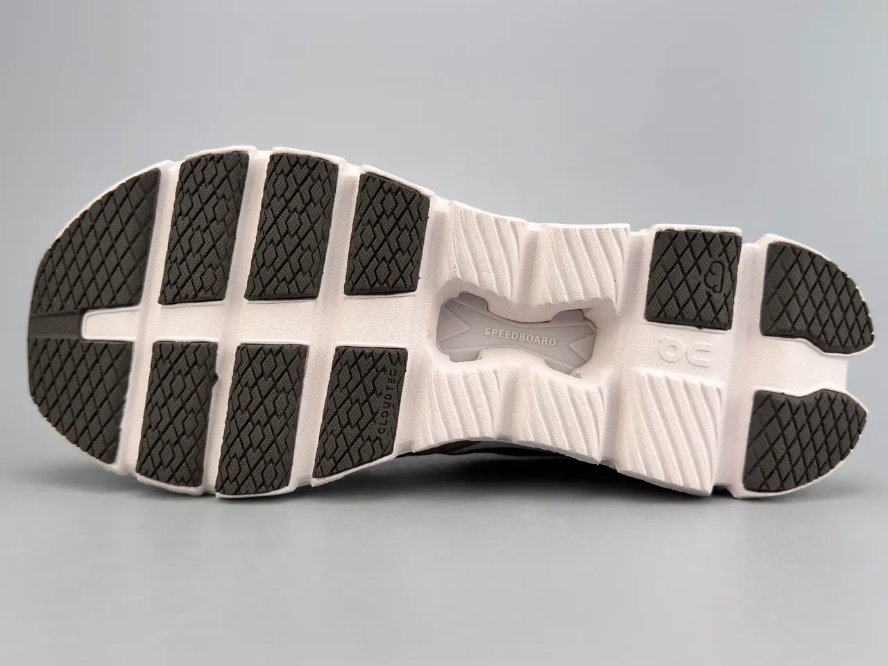 On White Gray Segmented CloudTec Midsole Asymmetric Black Overlays Sneakers 6