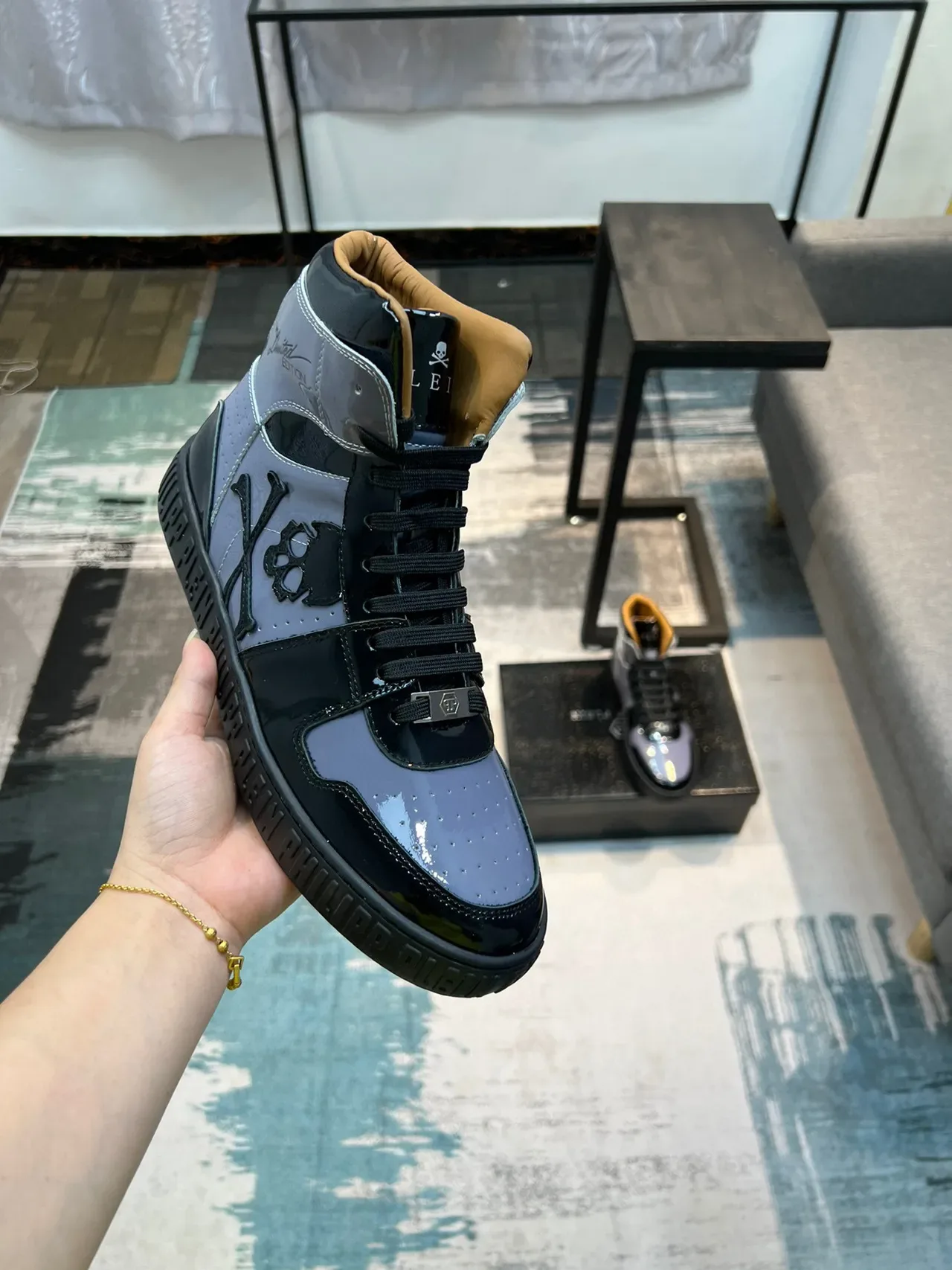 Philipp Plein Sneakers Lifestyle Noir Violet Hautes en Cuir Patenté 6