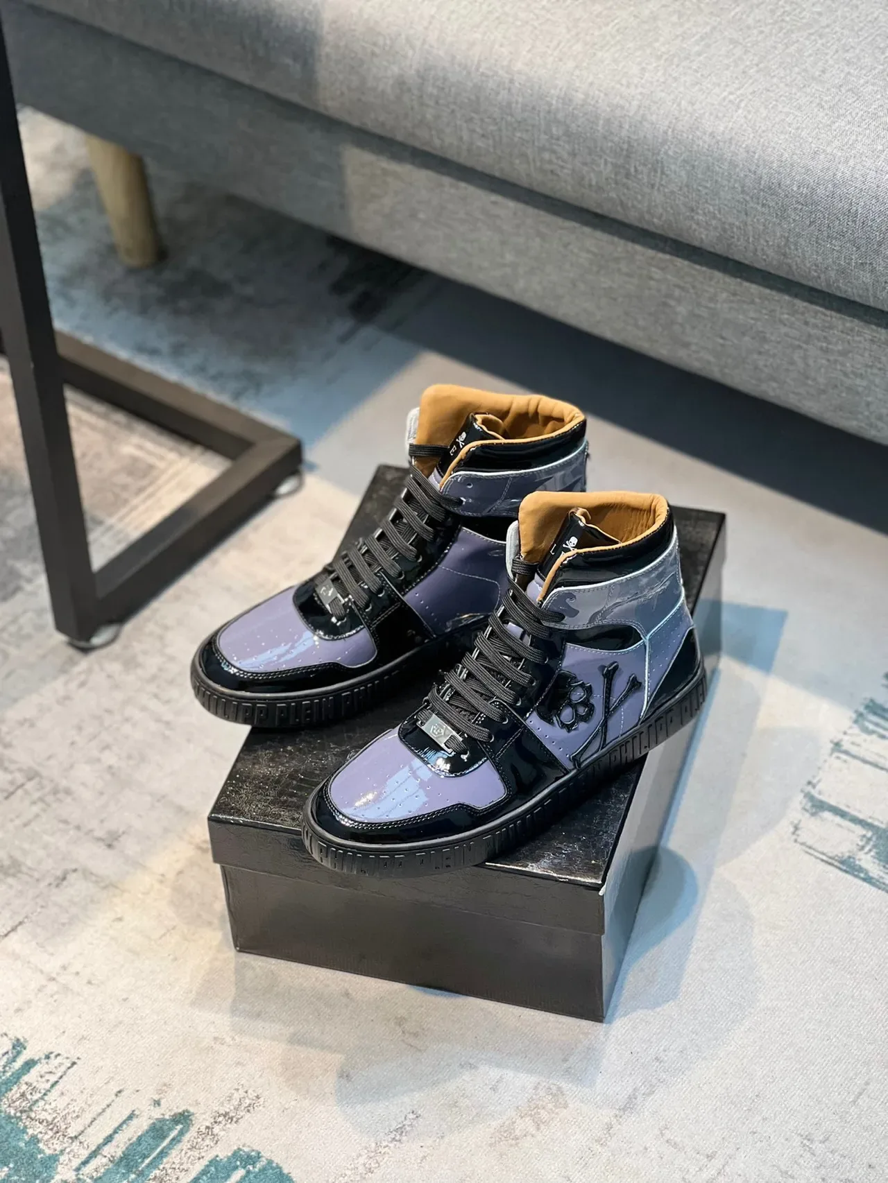 Philipp Plein Sneakers Lifestyle Noir Violet Hautes en Cuir Patenté 7