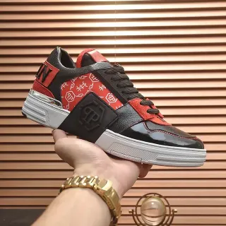 Philipp Plein Black Red Mixed-Material Upper Glossy Patent Toe Lifestyle Sneakers