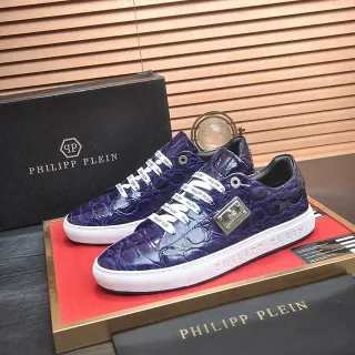 Philipp Plein Blue White Crocodile-Embossed Leather Branded Woven Laces Lifestyle Sneakers