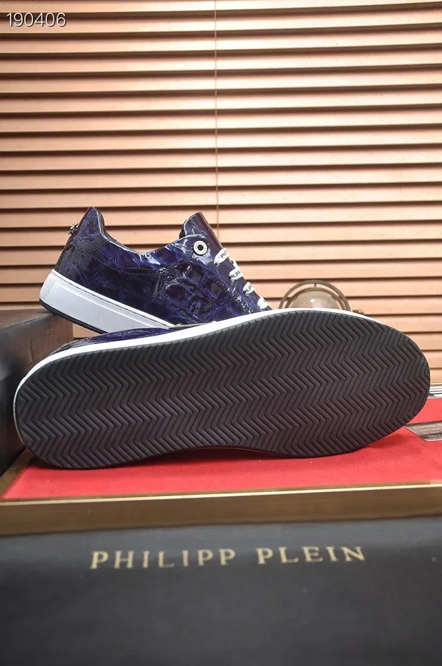 Philipp Plein Tênis Lifestyle de Couro com Embossagem de Crocodilo Azul e Branco com Cordões Trançados e Marca 2