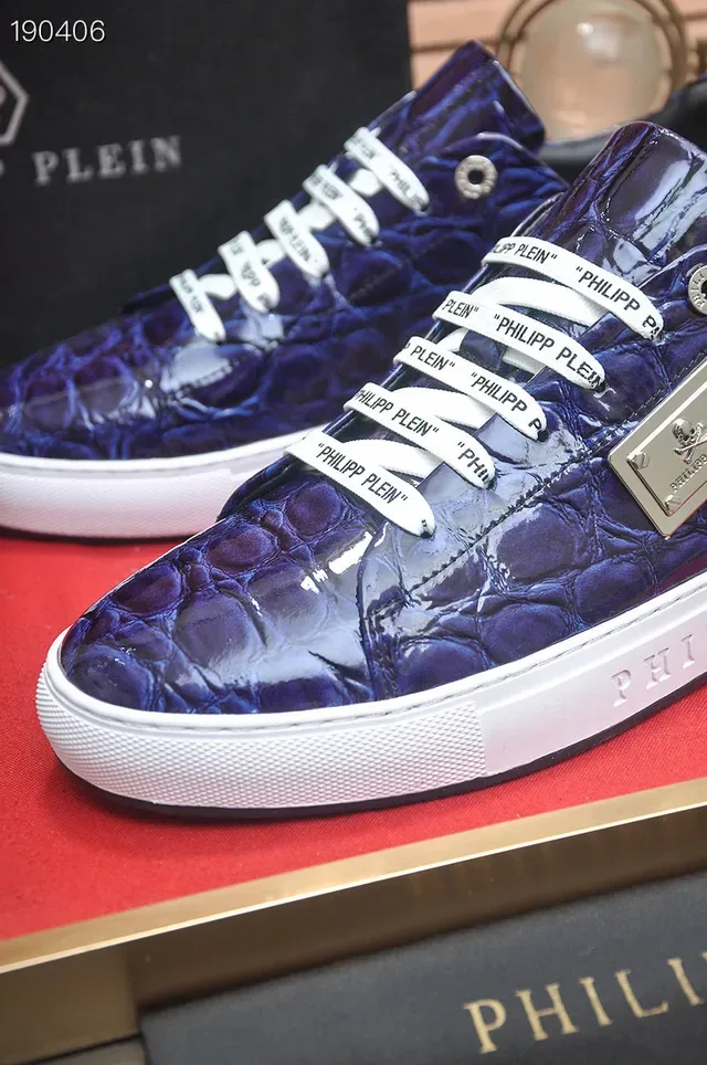 Philipp Plein Tênis Lifestyle de Couro com Embossagem de Crocodilo Azul e Branco com Cordões Trançados e Marca 3