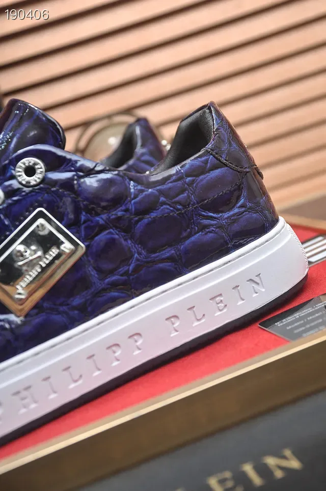 Philipp Plein Tênis Lifestyle de Couro com Embossagem de Crocodilo Azul e Branco com Cordões Trançados e Marca 4