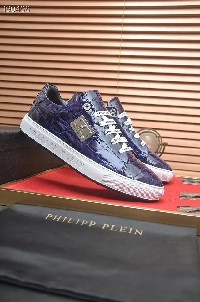 Philipp Plein Tênis Lifestyle de Couro com Embossagem de Crocodilo Azul e Branco com Cordões Trançados e Marca 8