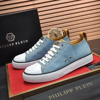 Philipp Plein नीला सफेद डेनिम अपर रबड़ टो कैप स्नीकर